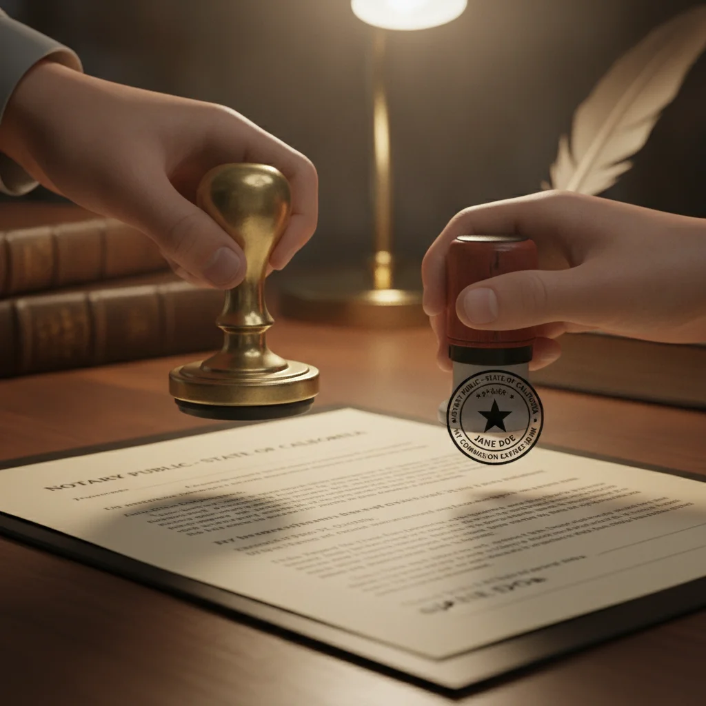 A notary public seal being stamped onto an official document on a desk