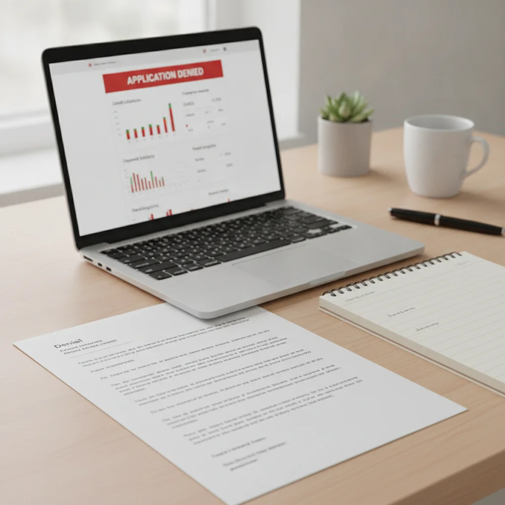 A loan denial letter next to a laptop showing a credit report, with a notepad for notes
