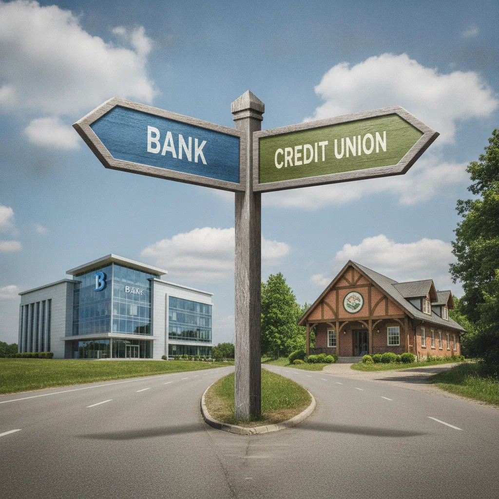 A forked road with signs pointing toward a bank and a credit union building
