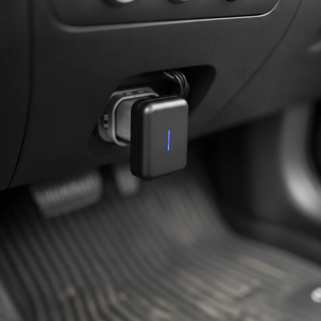 Small OBD-II telematics device plugged under a car dashboard for mileage tracking