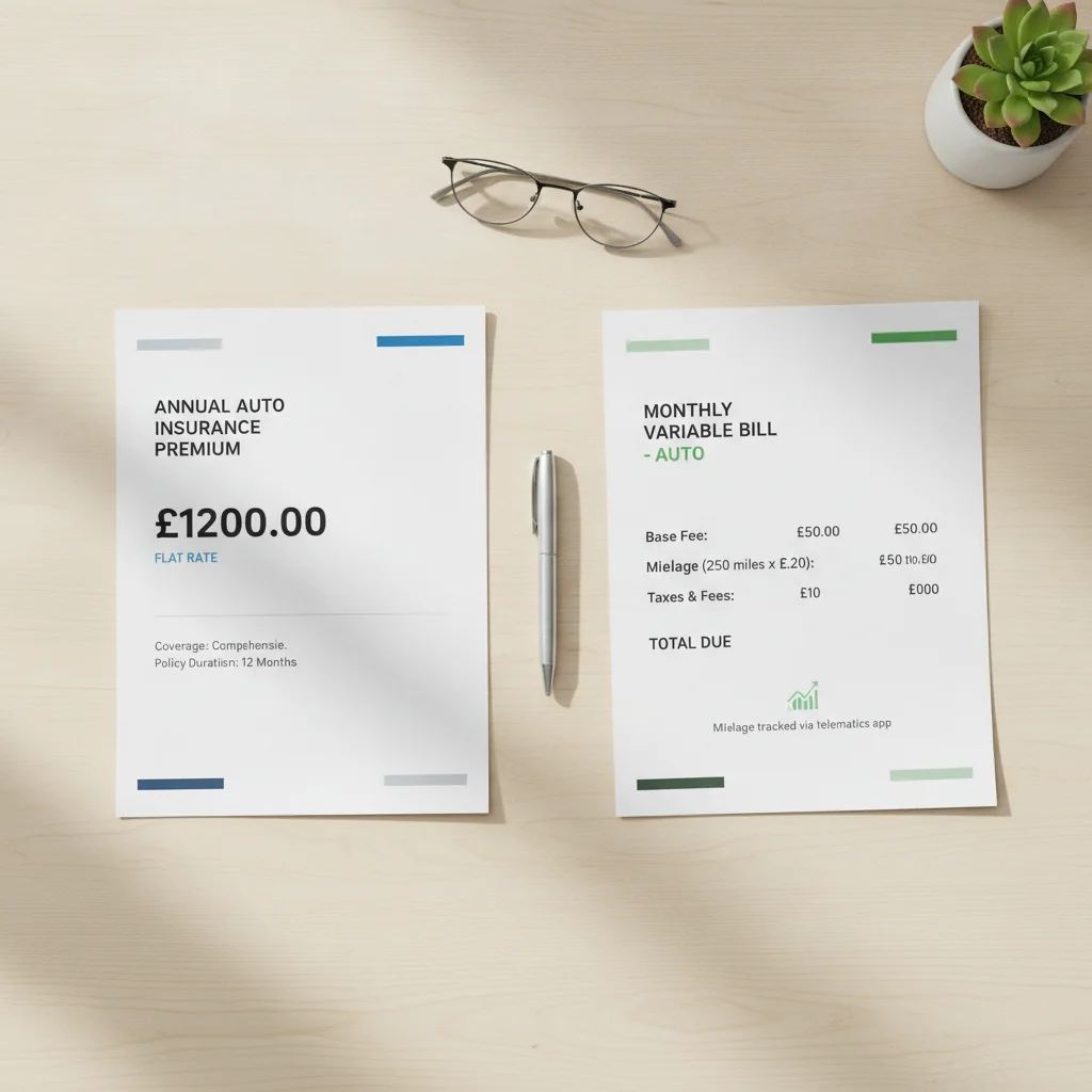 Two auto insurance policy documents side by side showing flat-rate versus variable pay-per-mile billing structures