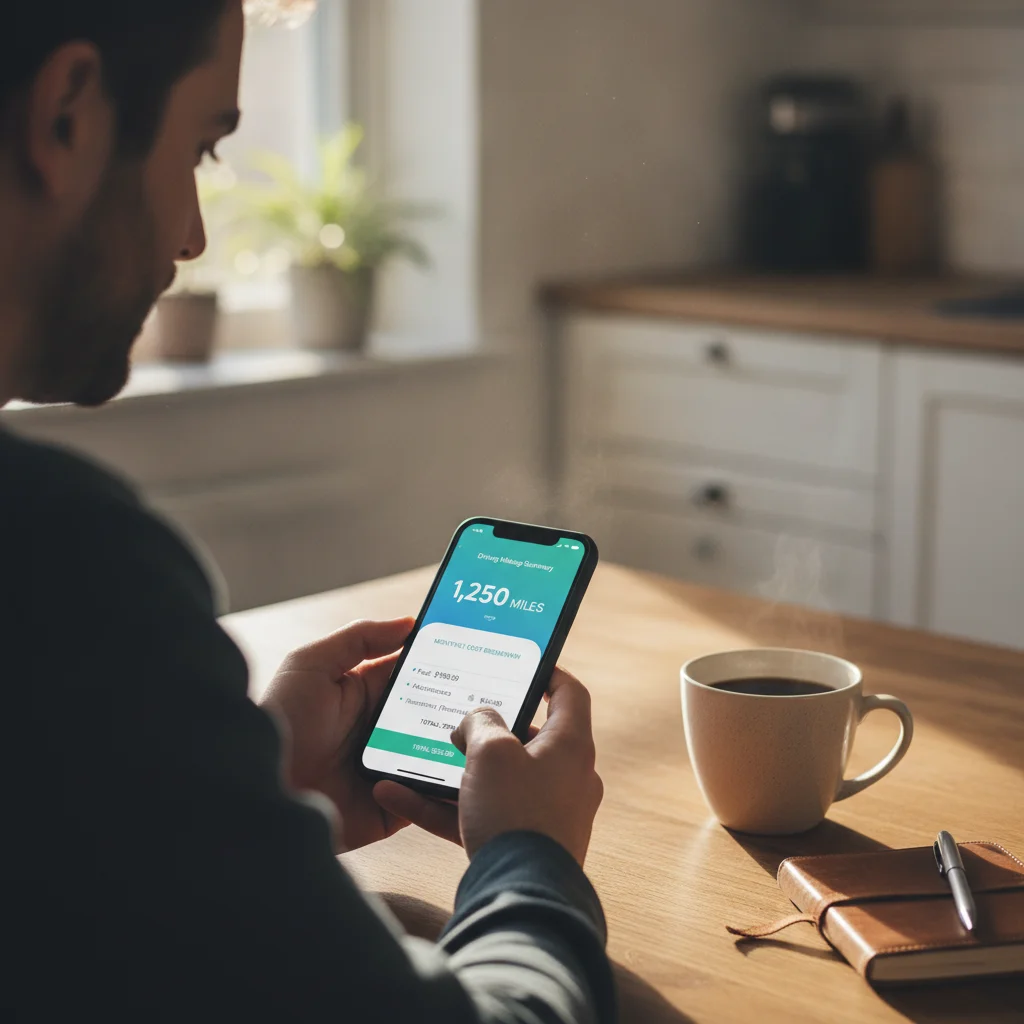 Person reviewing a monthly mileage summary and insurance cost breakdown on a smartphone app