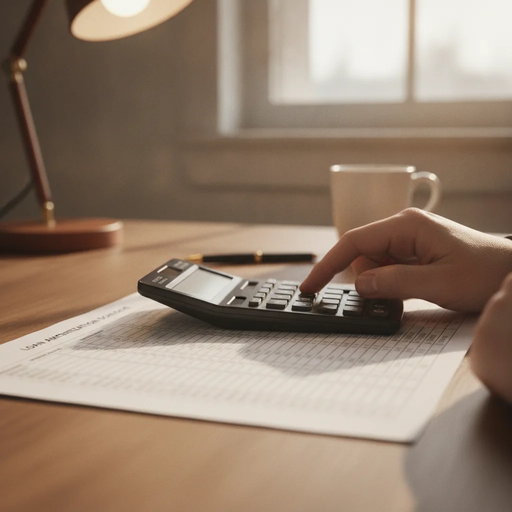 Hand holding a calculator next to a printed auto loan amortization schedule showing interest breakdown by month