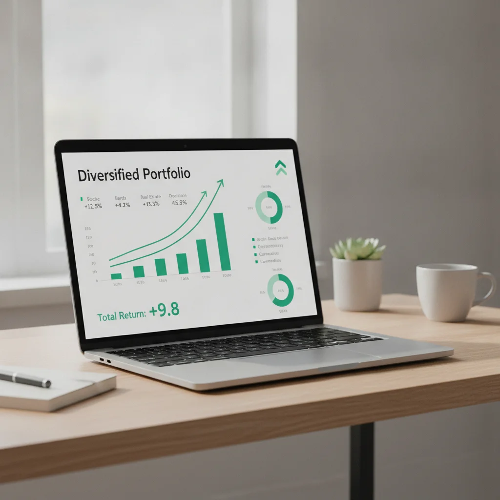 Laptop displaying a diversified investment portfolio dashboard with green upward trending charts