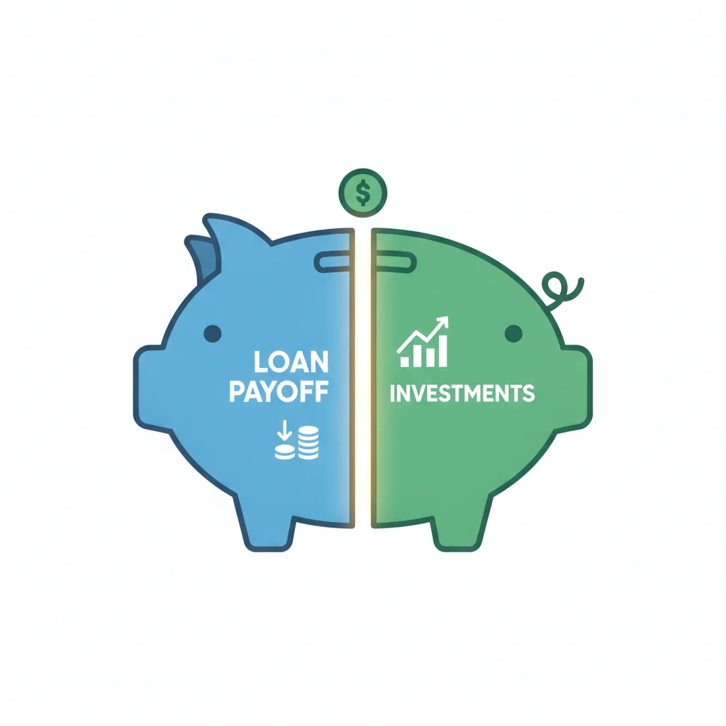 Split piggy bank illustration divided between loan payoff and investment savings representing a hybrid financial strategy