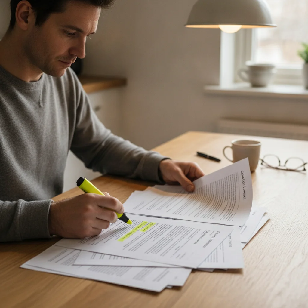 A person carefully reviewing and highlighting clauses in an auto loan contract document
