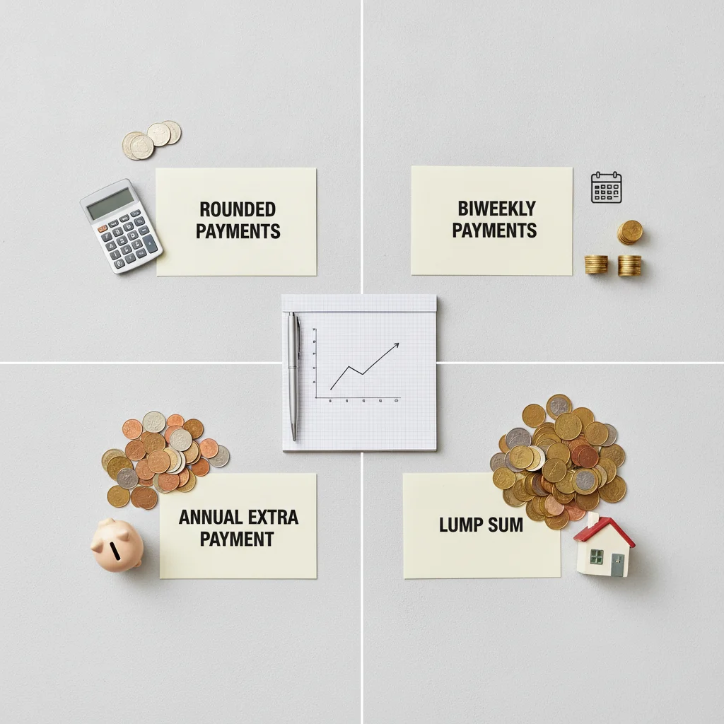 Four labeled envelopes representing different early loan payoff strategies laid out on a surface with coins