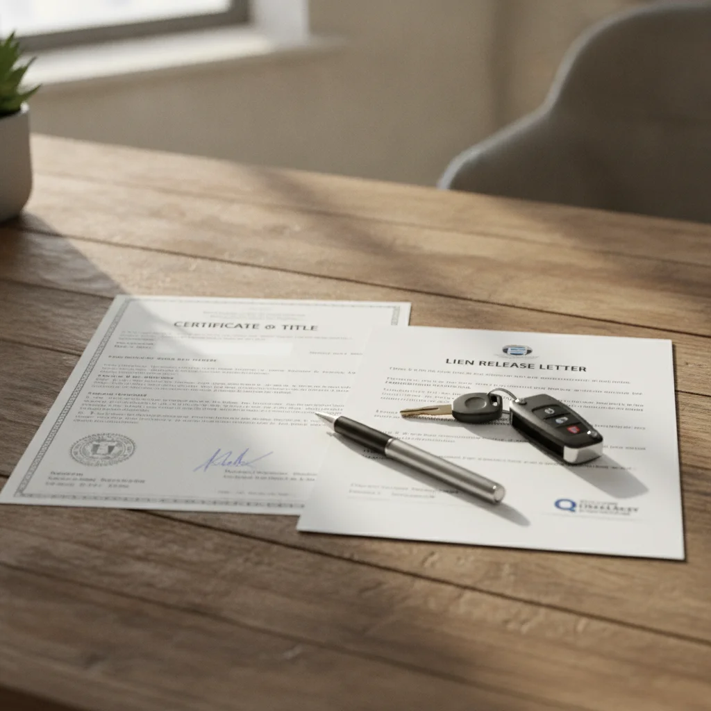 A vehicle title document and lien release letter on a desk alongside car keys