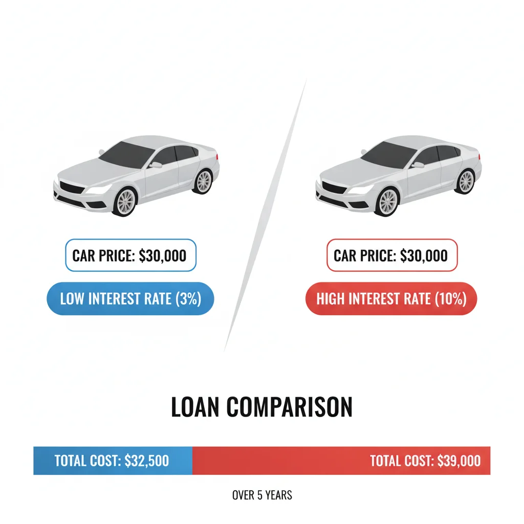 Side-by-side comparison graphic showing how high versus low APR affects total auto loan cost