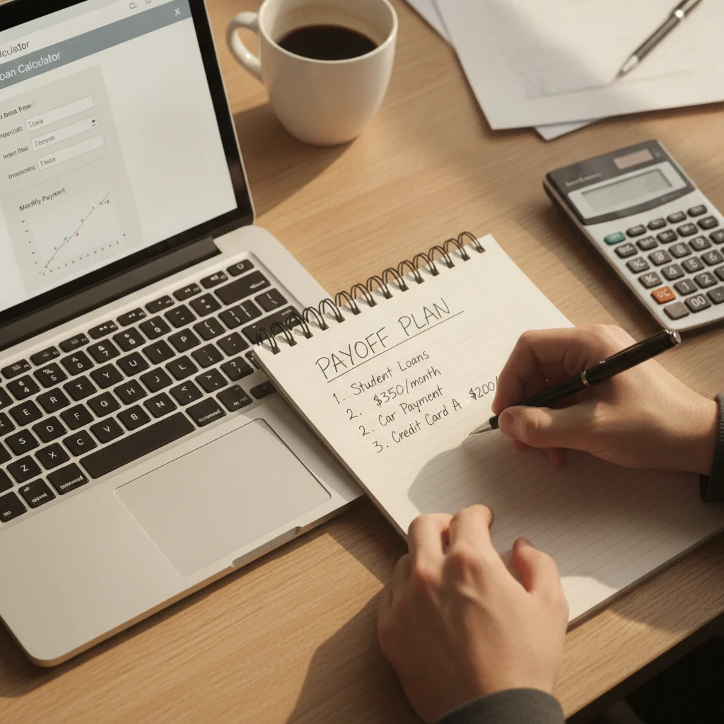 Person writing an auto loan payoff plan on a notepad next to a laptop displaying a loan calculator