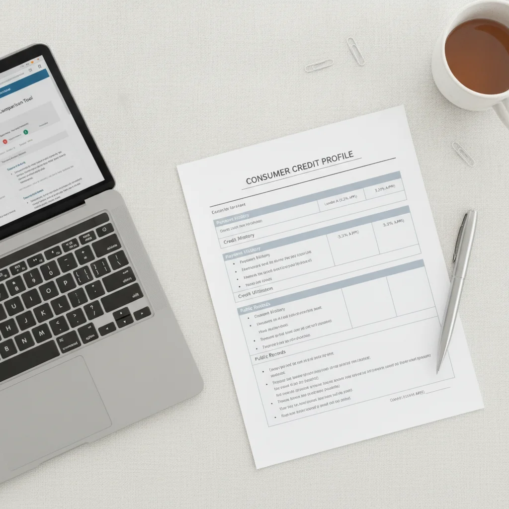 Credit report and laptop showing auto loan refinancing comparison options on a desk