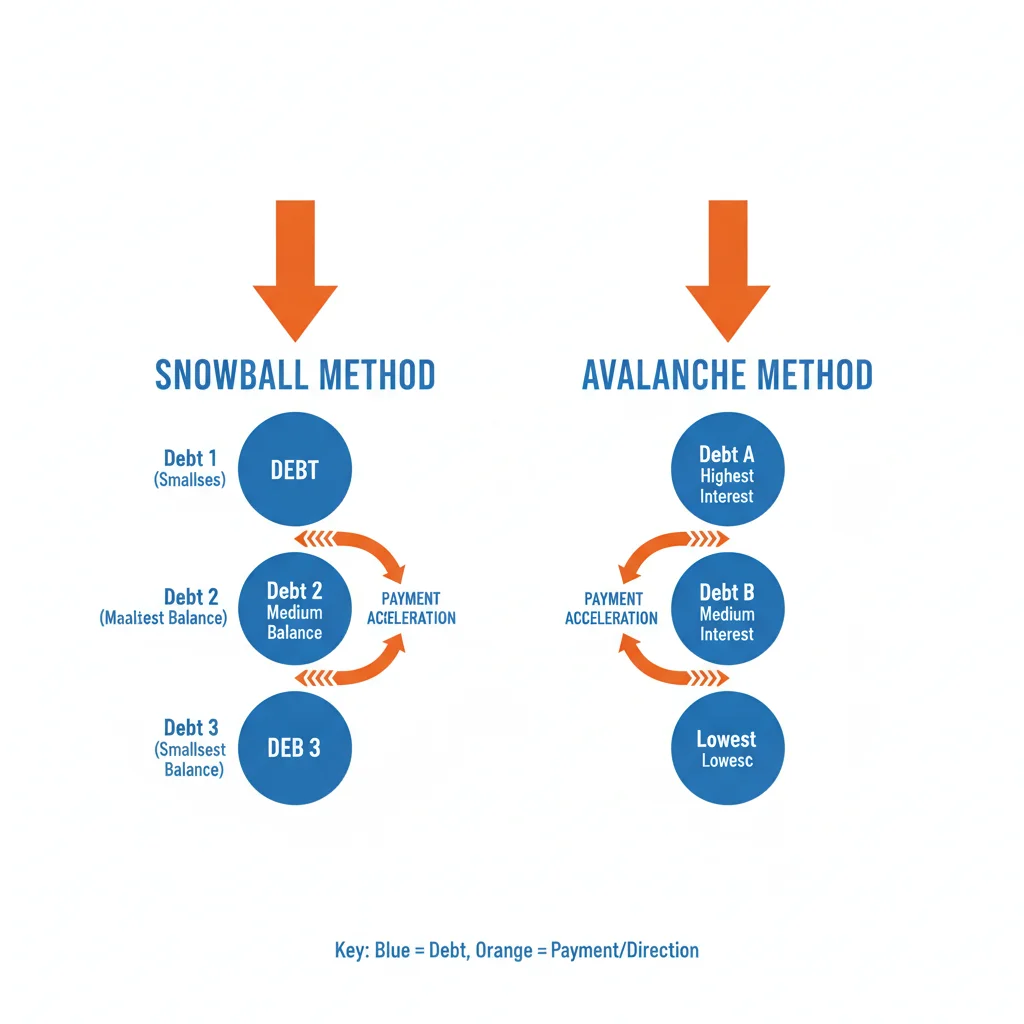 Diagram illustrating the snowball and avalanche debt payoff methods with directional arrows across multiple debts