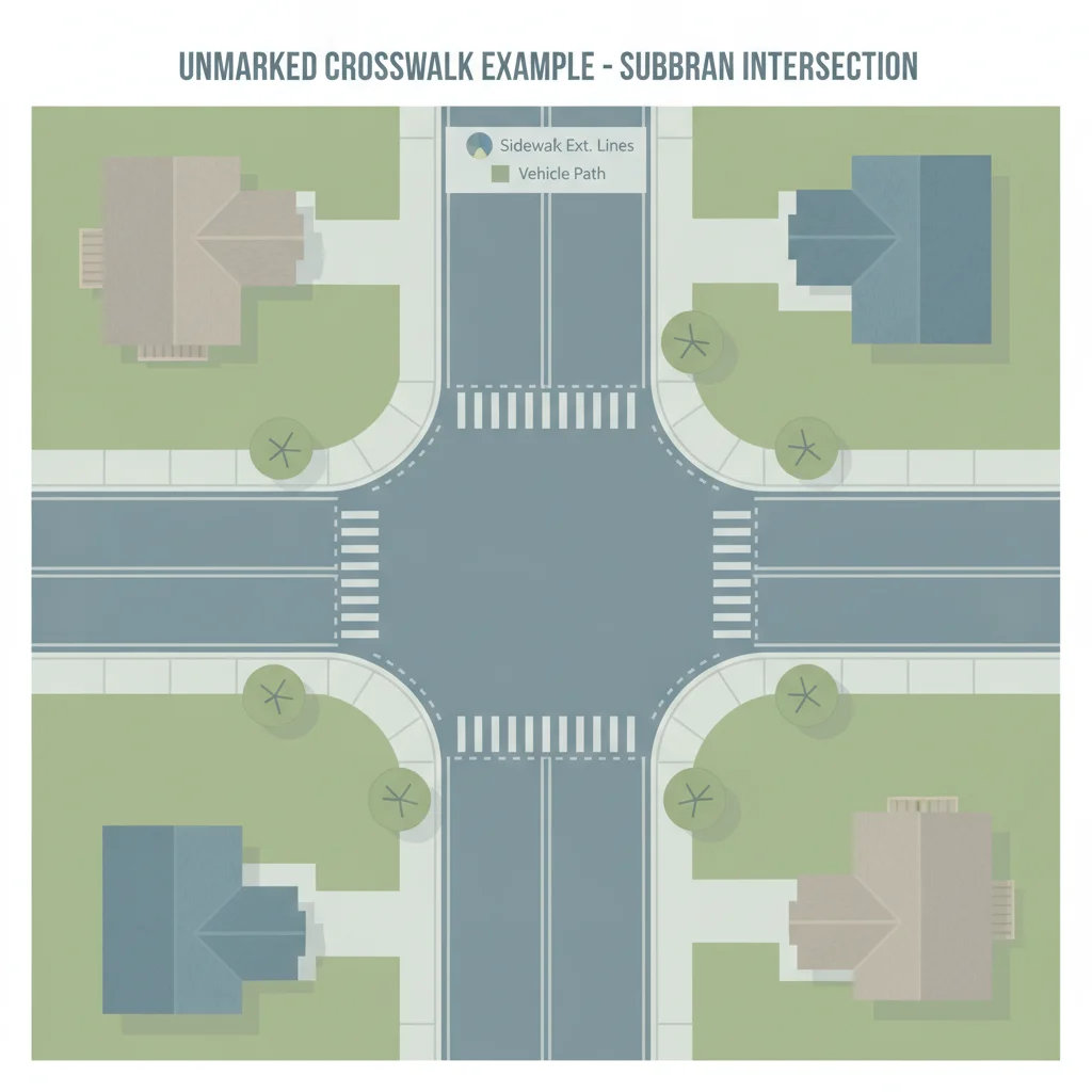 Overhead diagram of an unmarked crosswalk at a suburban intersection showing where pedestrian crossing zones exist without painted lines
