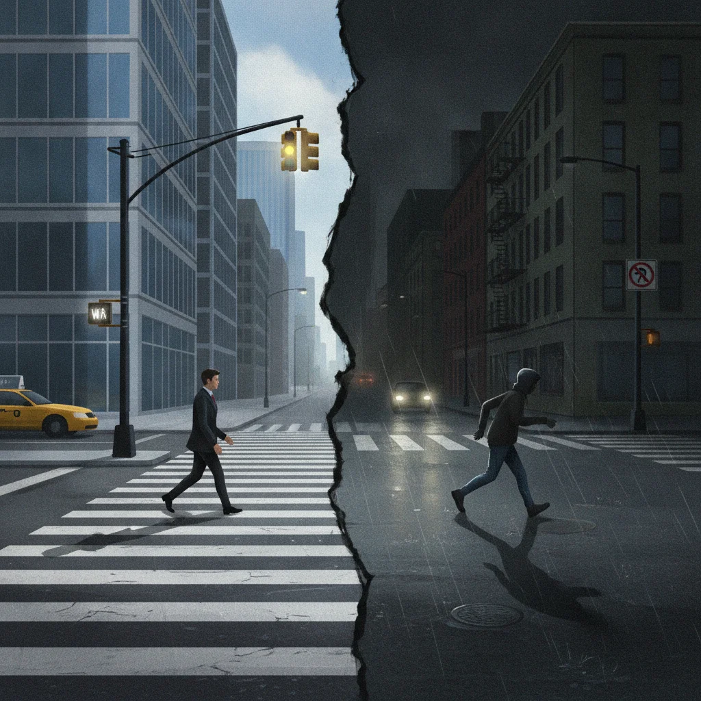 Side-by-side comparison of a pedestrian legally crossing at a signal versus jaywalking mid-block at night