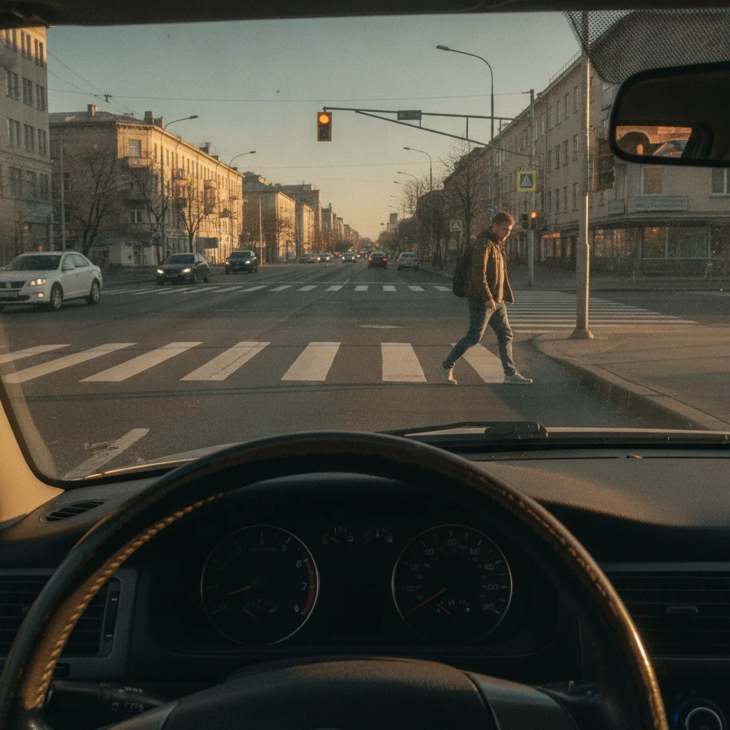 Driver's point-of-view perspective approaching a crosswalk with a pedestrian stepping off the curb on the right side