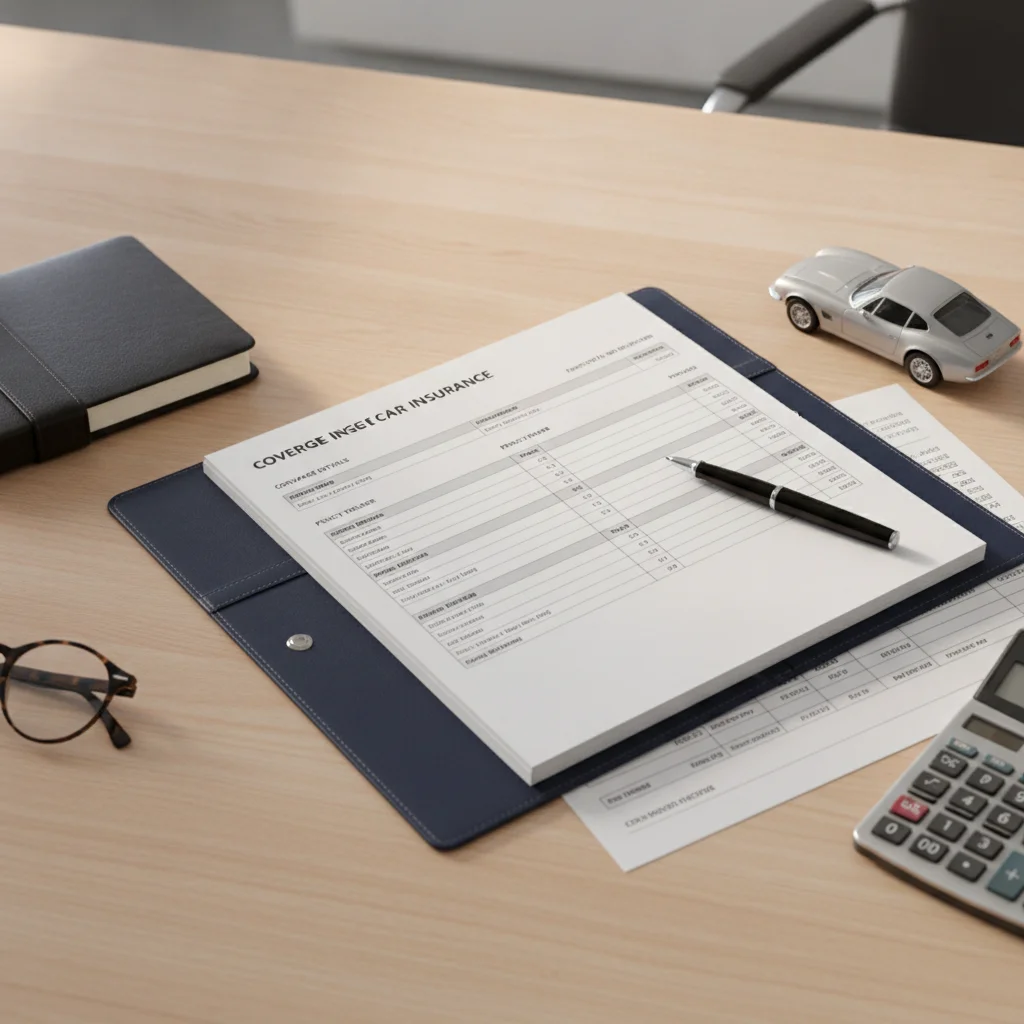 Open car insurance binder on a desk with a pen and small model car