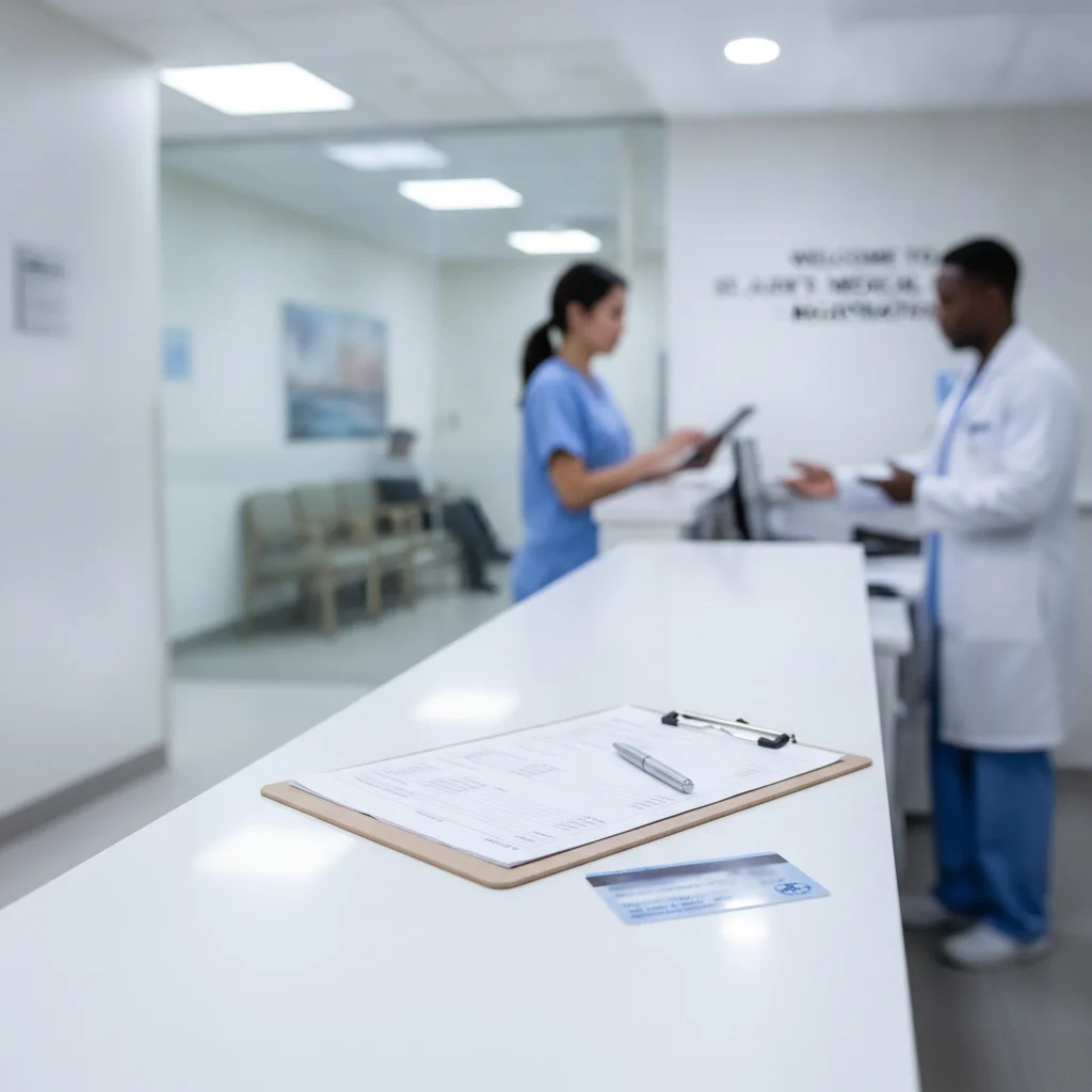 Hospital reception desk with insurance card and clipboard for medical claim processing