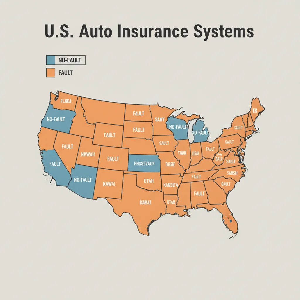US map illustrating no-fault and fault-based state insurance coverage zones