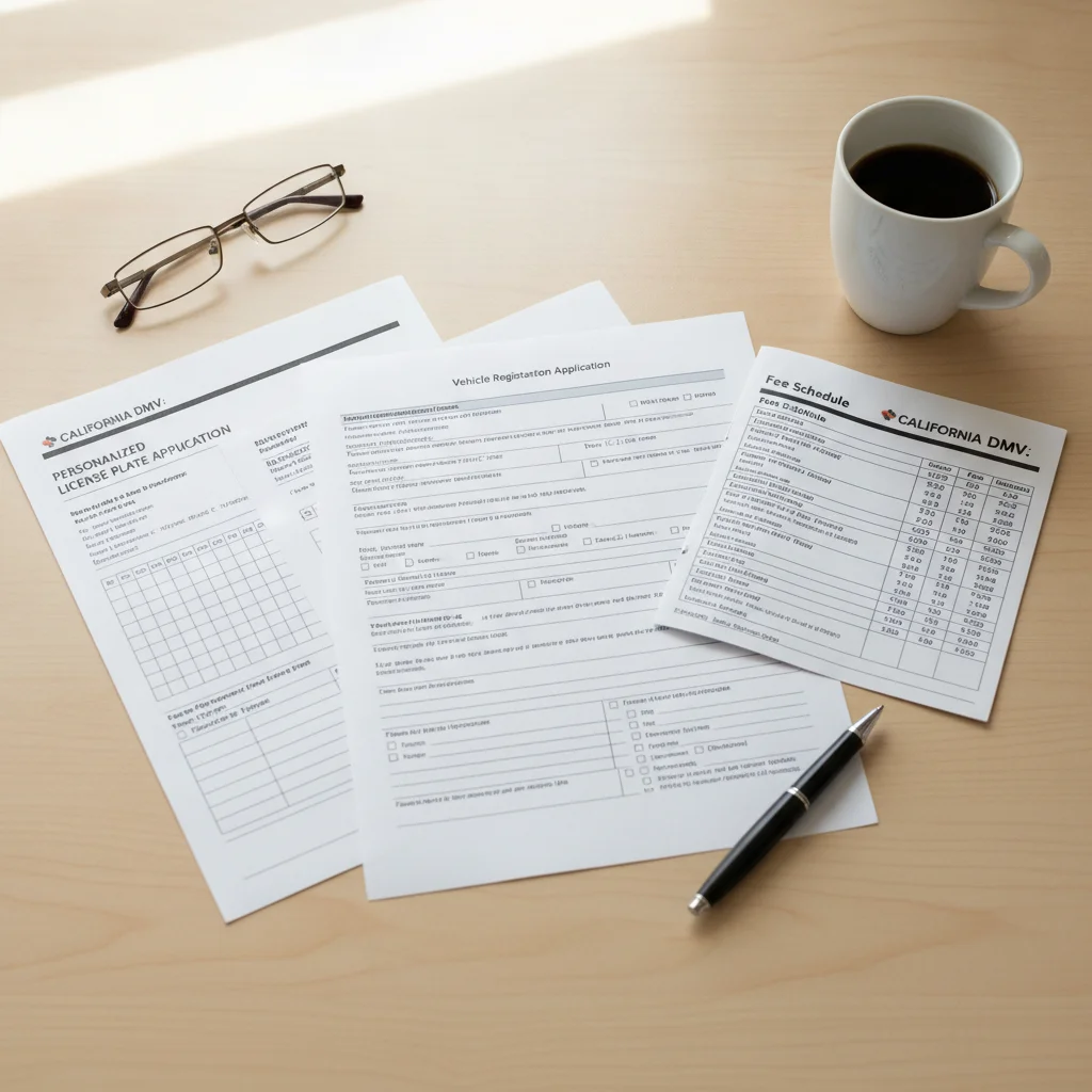 A DMV registration form and fee schedule on a desk next to a personalized plate application form