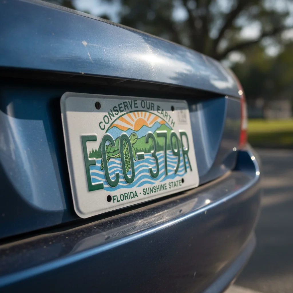 A specialty conservation-themed license plate mounted on a vehicle bumper in bright daylight