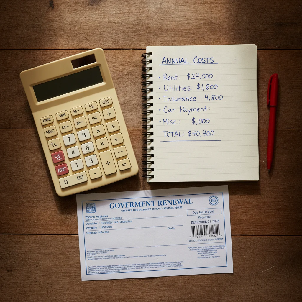A calculator and notepad with annual plate renewal costs next to a registration renewal notice on a table