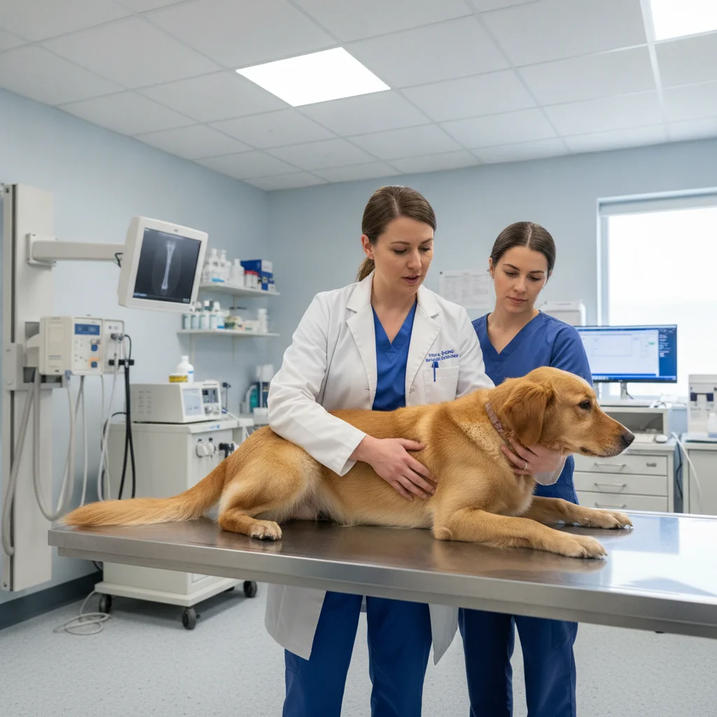 Veterinarian examining an injured dog on an exam table in a veterinary clinic