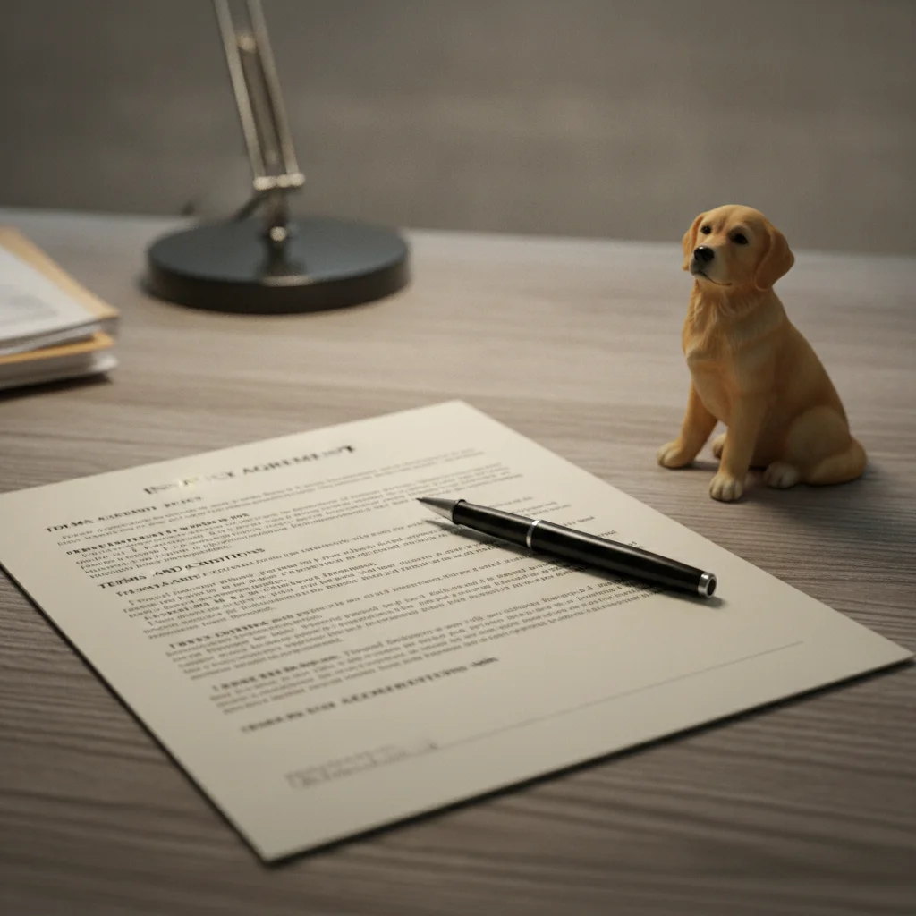 Auto insurance policy document on a desk with a pen and small dog figurine