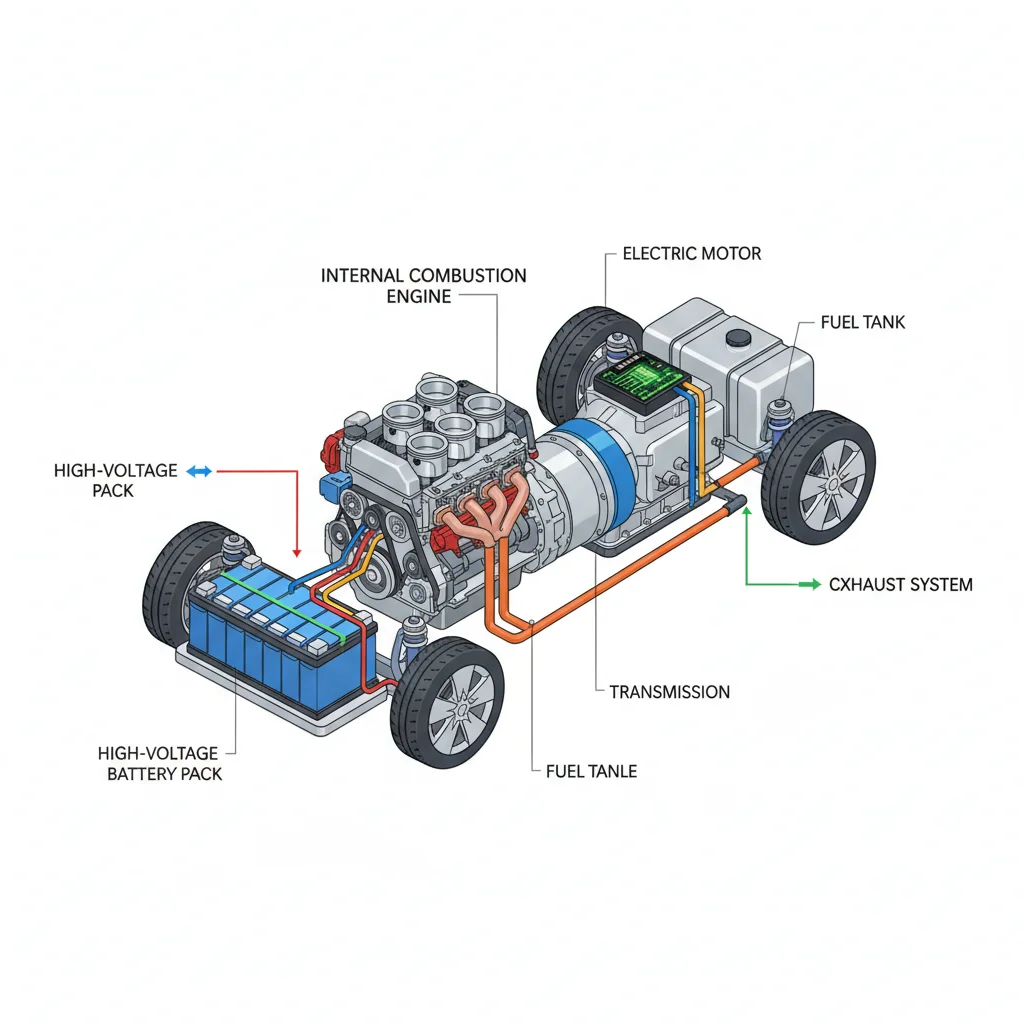 Cutaway diagram of a plug-in hybrid vehicle showing the electric motor, battery pack, and gasoline engine