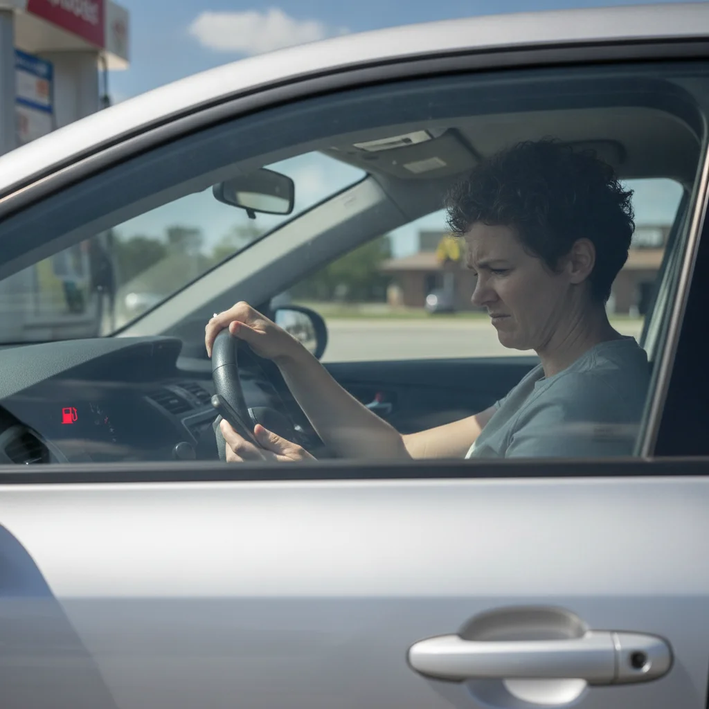 Driver looking at a low fuel warning light in a parked car at a gas station