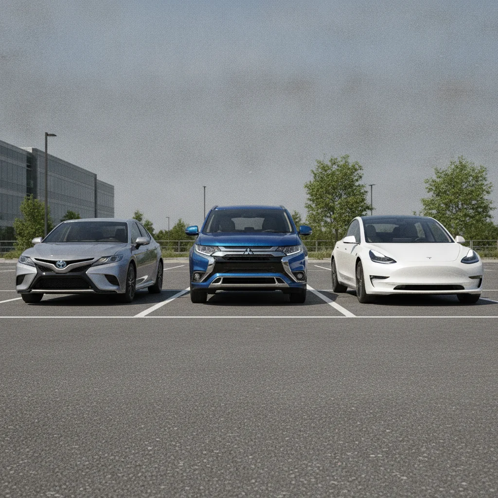 Three electrified vehicles parked side by side — a hybrid sedan, plug-in hybrid SUV, and battery-electric hatchback