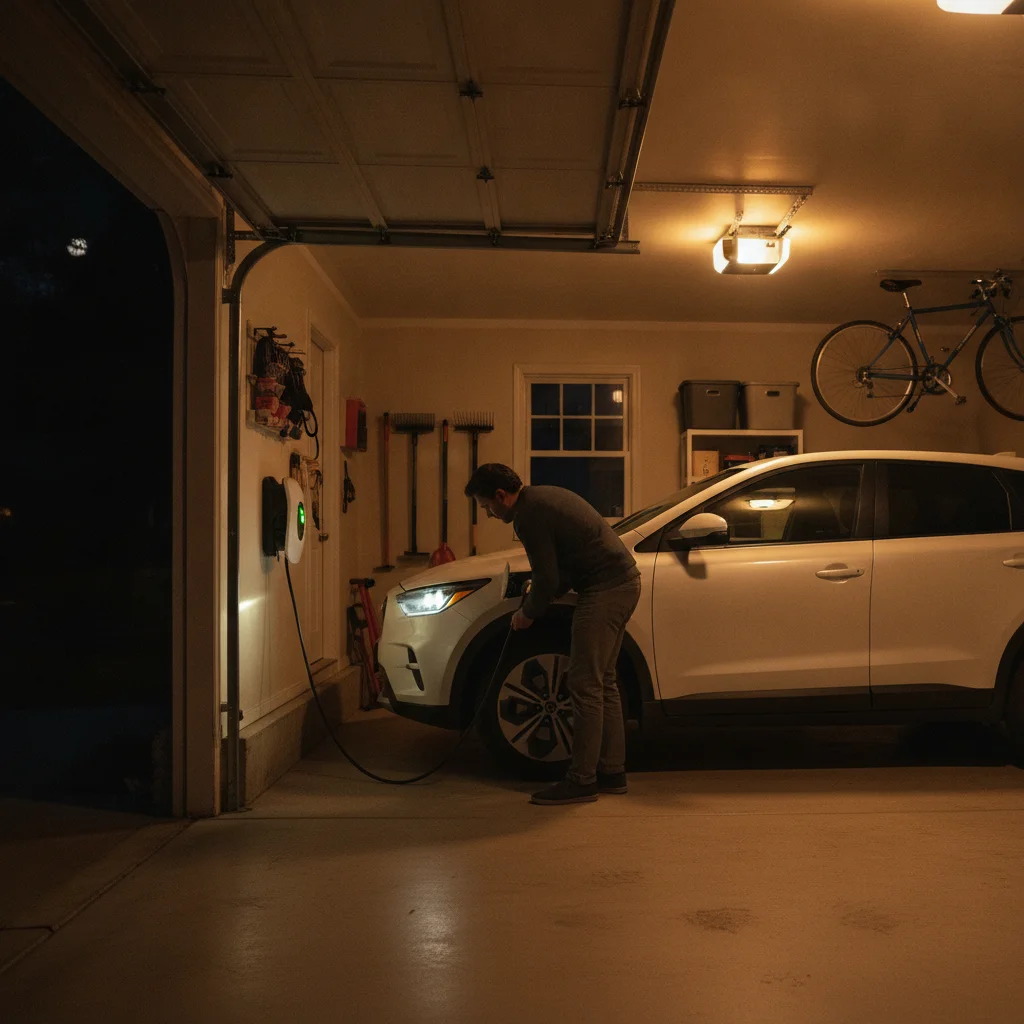 Homeowner plugging a charging cable into a plug-in hybrid SUV in a residential garage at night