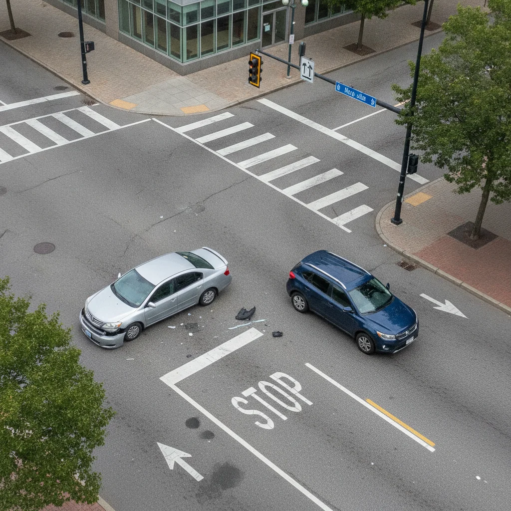 Overhead view of two vehicles after a collision at an intersection, showing their positions and lane markings
