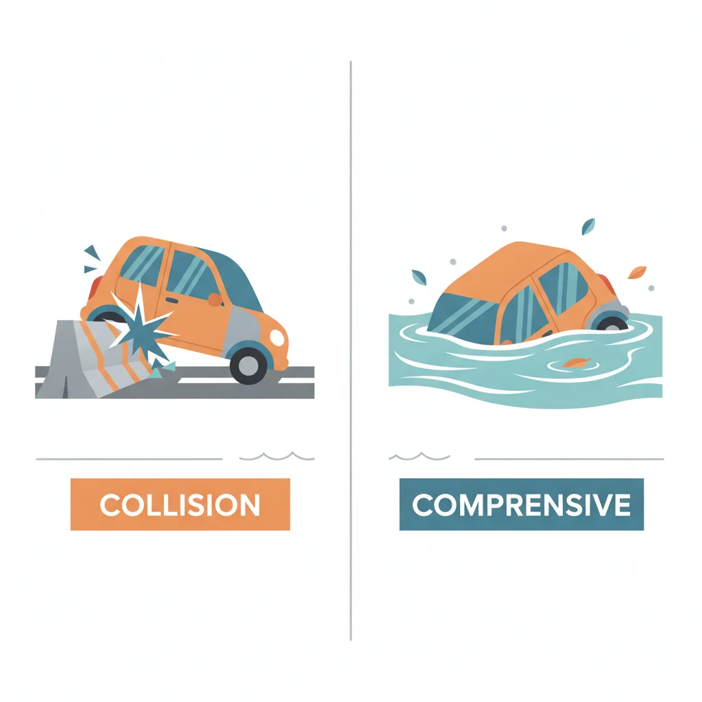 Split illustration comparing collision coverage for a crash versus comprehensive coverage for flood damage