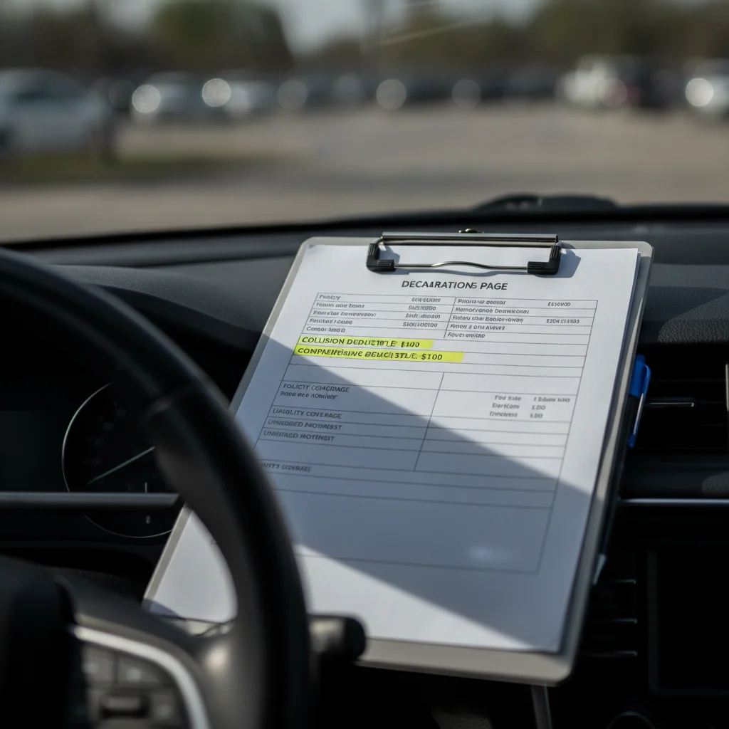 Car insurance declarations page on a clipboard showing collision and comprehensive deductible line items