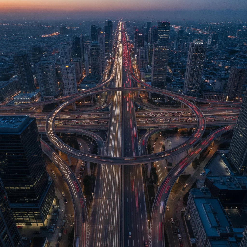 Aerial view of a busy urban highway interchange at dusk with vehicles in motion