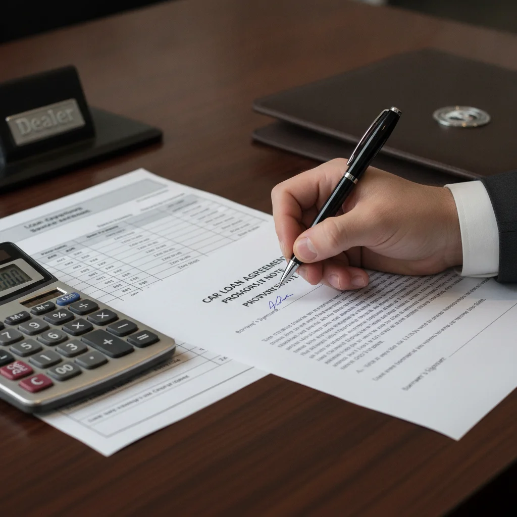 Person signing auto loan paperwork at a dealership desk with a loan comparison sheet nearby