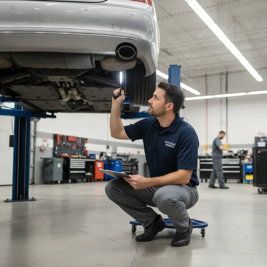 Automotive appraiser inspecting vehicle undercarriage with flashlight during in-person dealership appraisal