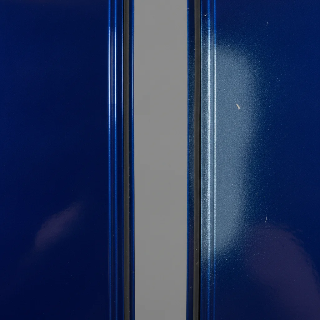 Side-by-side comparison of original factory car paint versus panel with paint overspray indicating prior body repair