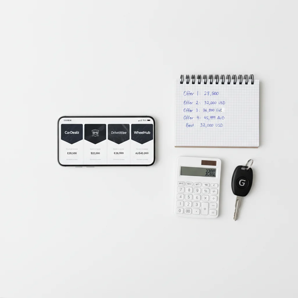 Smartphone showing multiple car selling platform offers next to notepad with price comparisons and car keys