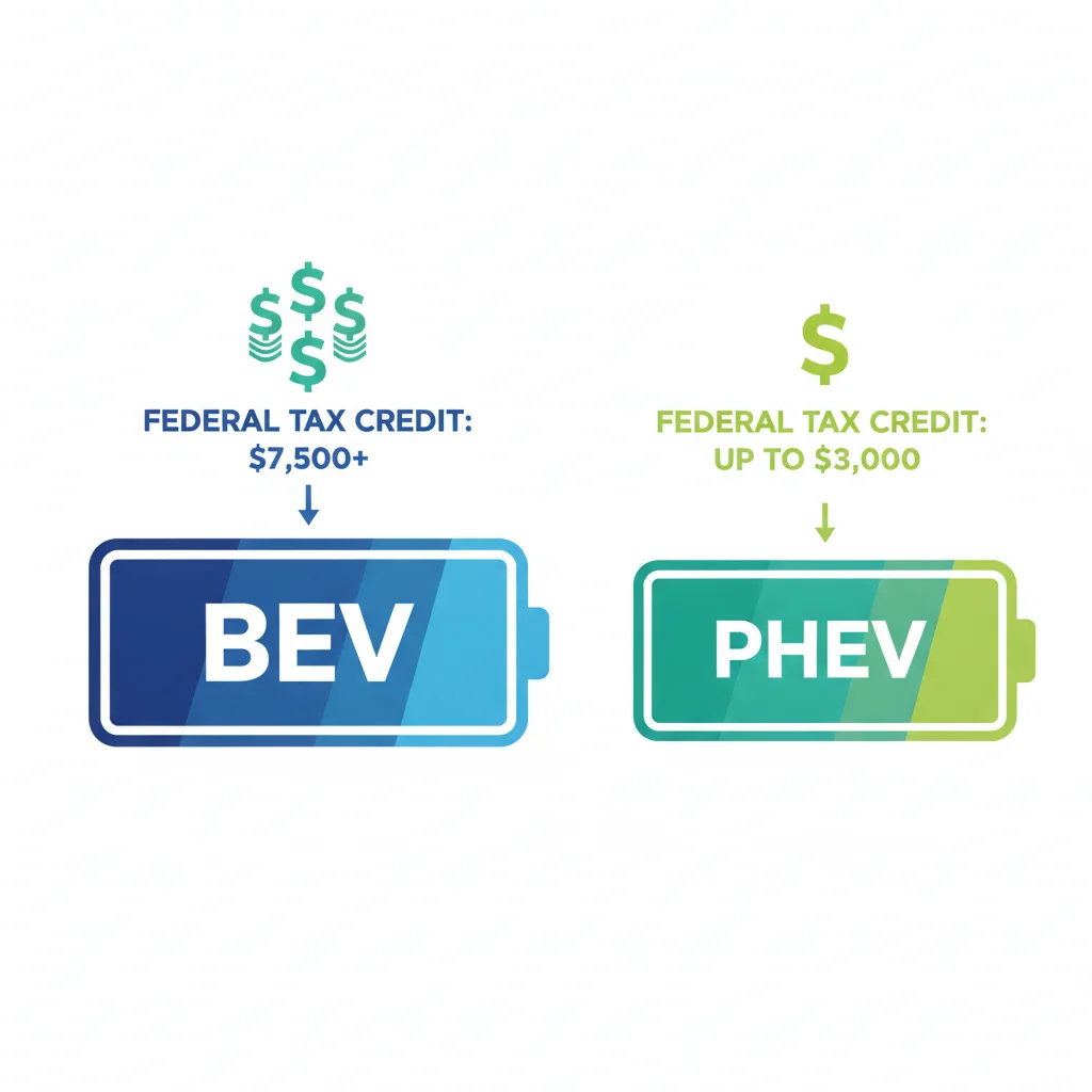 Diagram comparing large BEV battery and small PHEV battery alongside corresponding federal tax credit dollar amounts