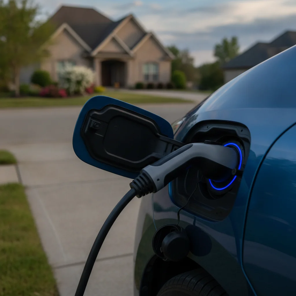 A plug-in hybrid vehicle connected to a charging cable in a residential driveway during daylight