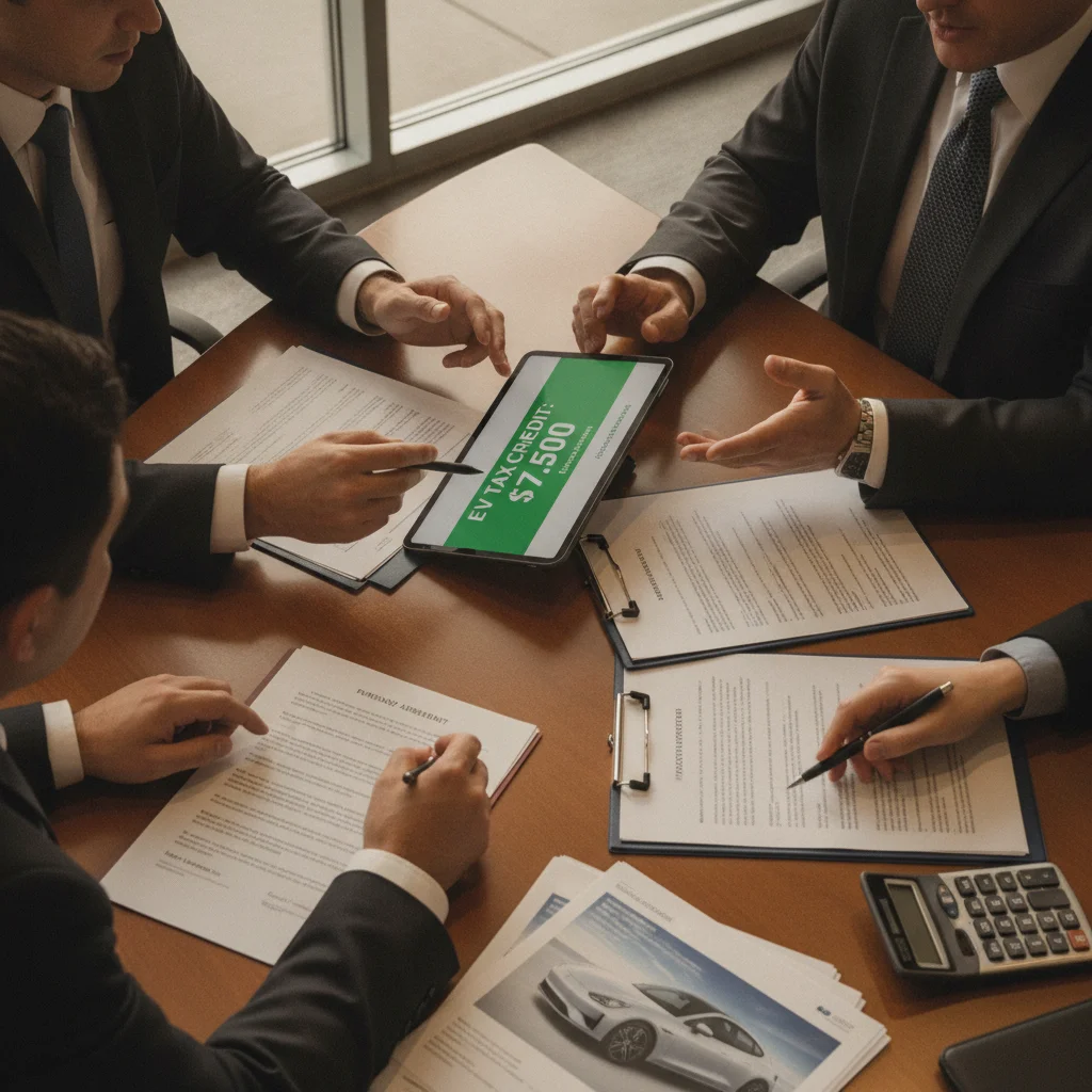 Hands reviewing vehicle purchase documents at a dealership desk with a tablet showing a tax credit figure