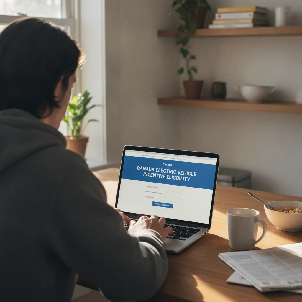 A person checking EV tax credit eligibility on a government website using a laptop at home