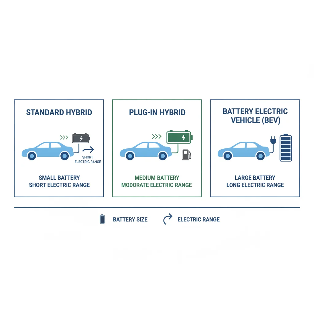 Diagram comparing battery size and electric range across standard hybrid, plug-in hybrid, and battery electric vehicles