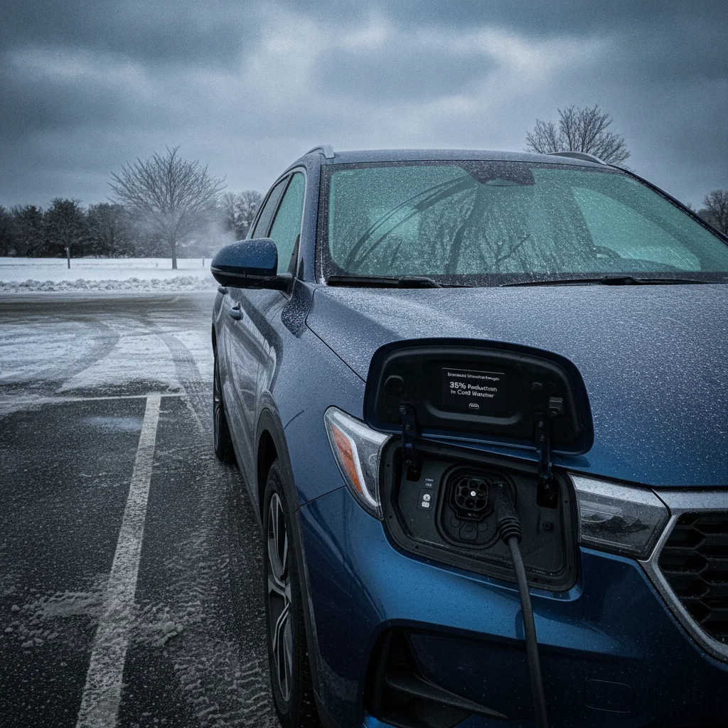 A plug-in hybrid vehicle charging port open in cold winter conditions with frost on the windshield