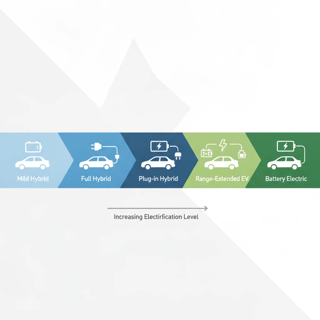 A horizontal spectrum showing five electrified vehicle types from mild hybrid to full battery electric, color-coded by electrification level