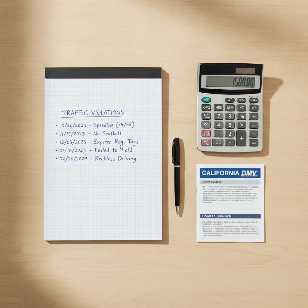 Notepad with handwritten traffic violation list, calculator, and DMV pamphlet on a wooden desk