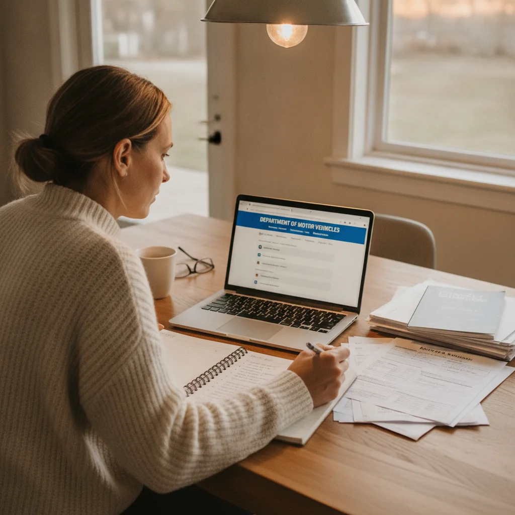 Person reviewing DMV driving record documents at a kitchen table with a laptop open
