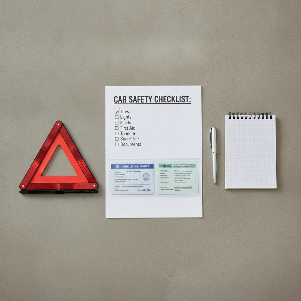 Glove box essentials including printed checklist, insurance card, registration, notepad, and road safety triangle