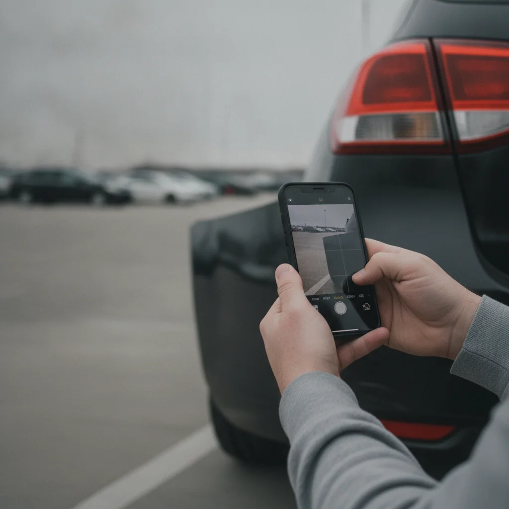 Driver using a smartphone to photograph vehicle damage after a minor accident in a parking lot